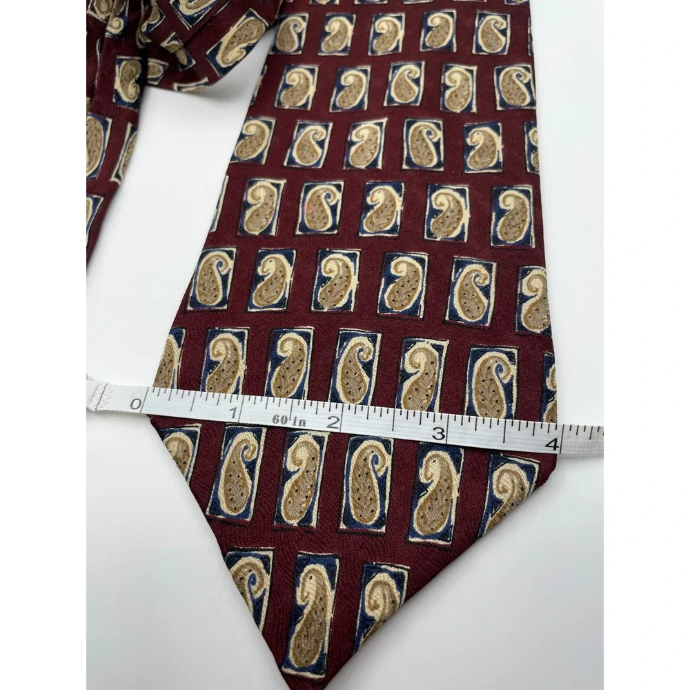 Bill Blass Mens Silk Tie Burgundy Gold Navy Geometric Paisley Classic Necktie